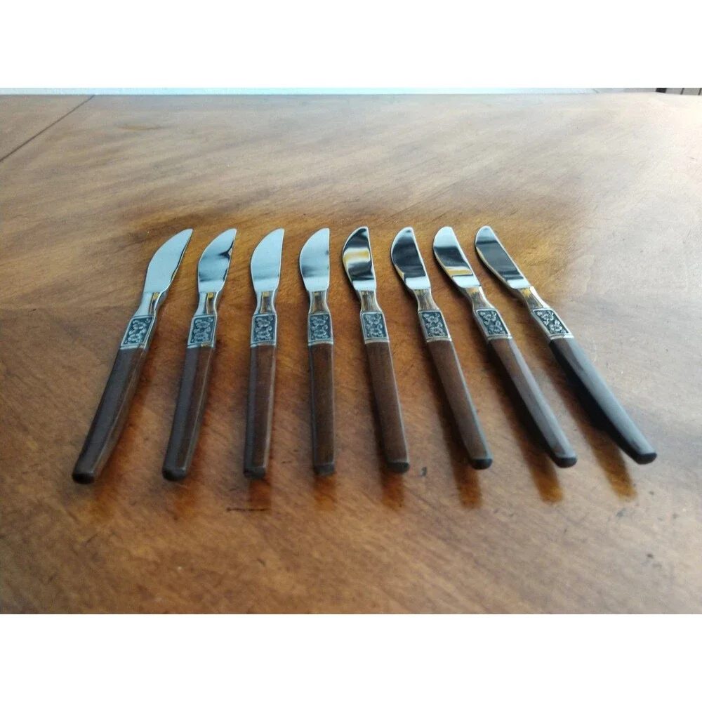Lot 8x Dinner Knives Ekco Eterna La Joya Stainless Faux Wood MCM EKS14 8.8